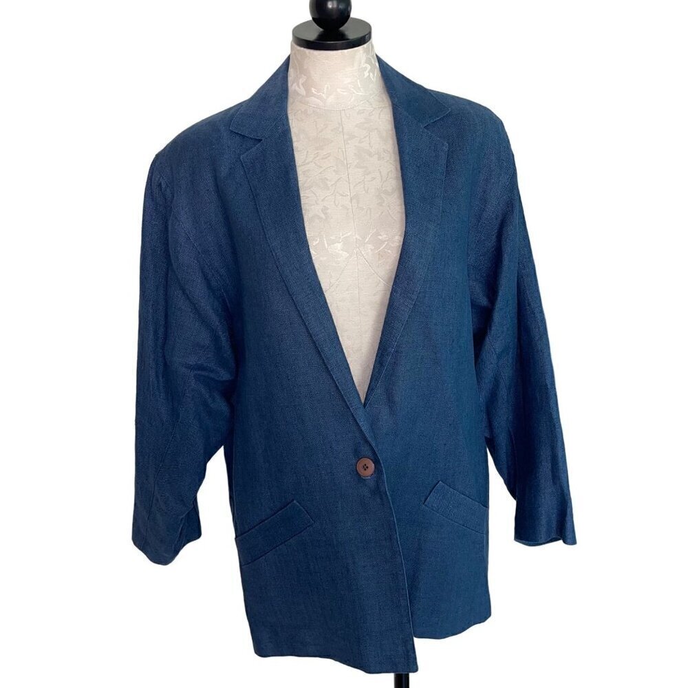 Finity Vintage 1980s Womens Blazer Size 12 Blue Pockets Pure Linen USA